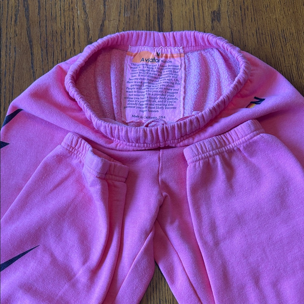 Aviator Nation women’s Pink Sweatpants w/ black signature lightening bolt